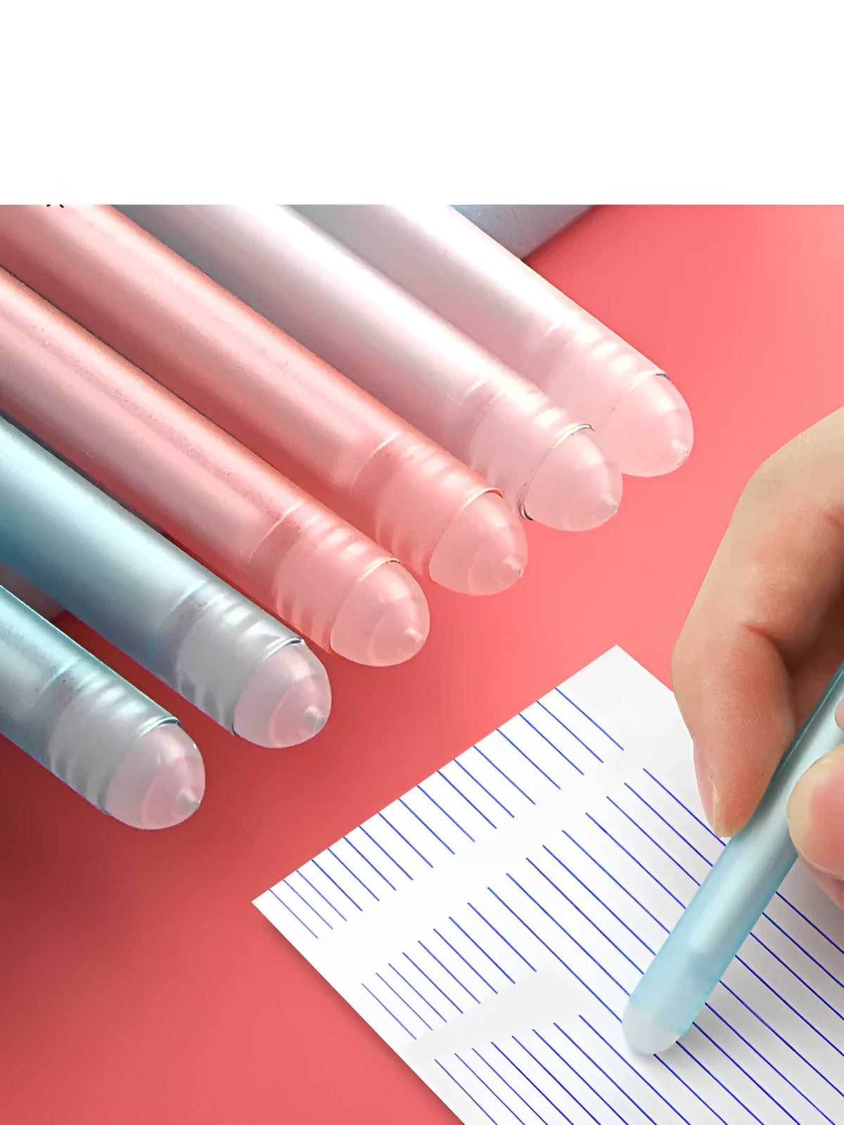 Erasable gel pen with 0.5mm needle tip, plastic barrel, cap closure, cartoon design in crystal blue ink