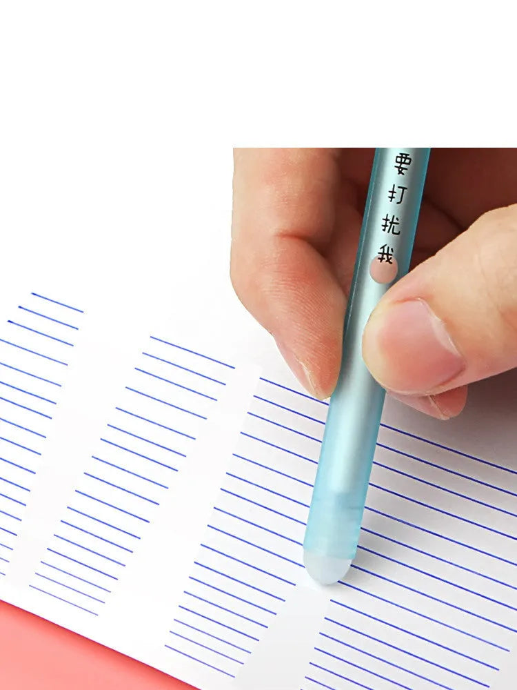 Erasable gel pen with 0.5mm needle tip, plastic barrel, cap closure, cartoon design in crystal blue ink