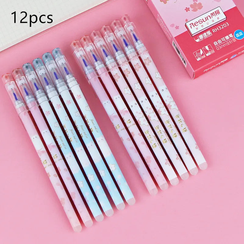 Erasable gel pen with 0.5mm needle tip, plastic barrel, cap closure, cartoon design in crystal blue ink
