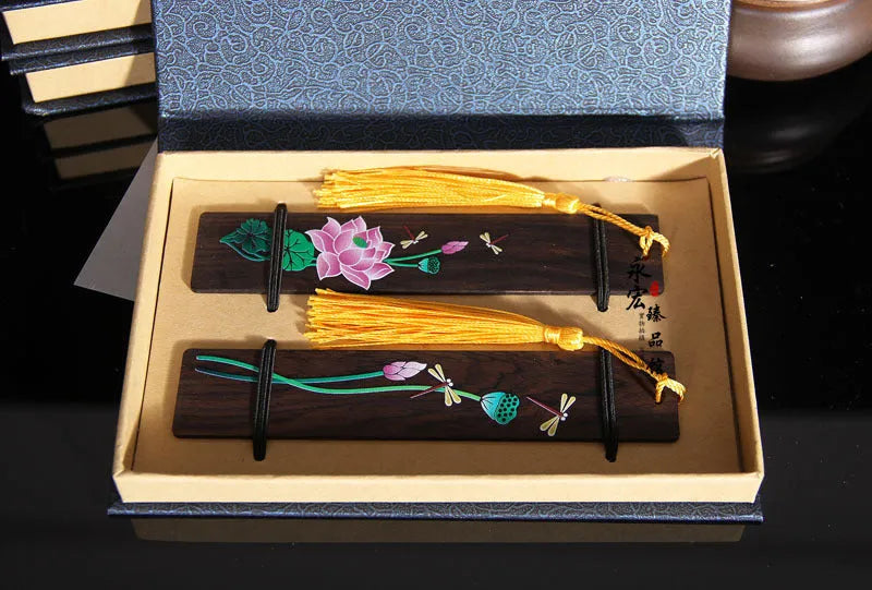Chinese style sandalwood bookmark with painted lotus and landscape flowers design