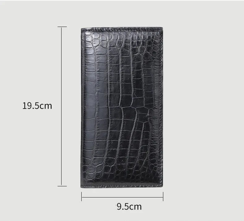 Men's long black crocodile leather bifold wallet with multiple card slots and change pocket