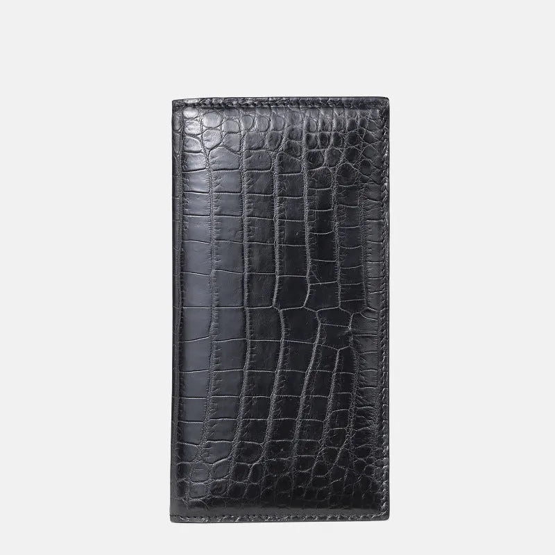 Men's long black crocodile leather bifold wallet with multiple card slots and change pocket