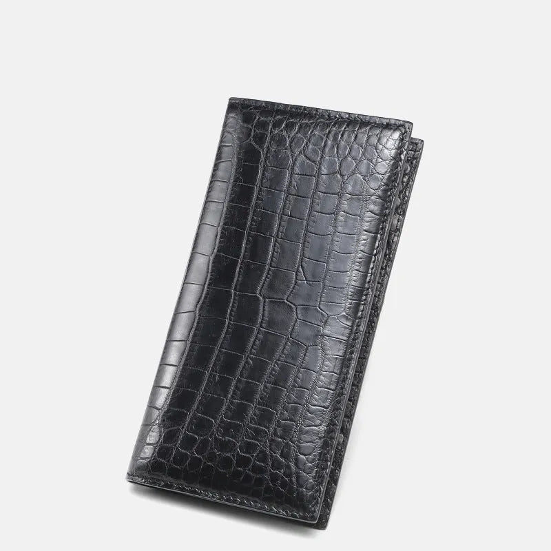 Men's long black crocodile leather bifold wallet with multiple card slots and change pocket