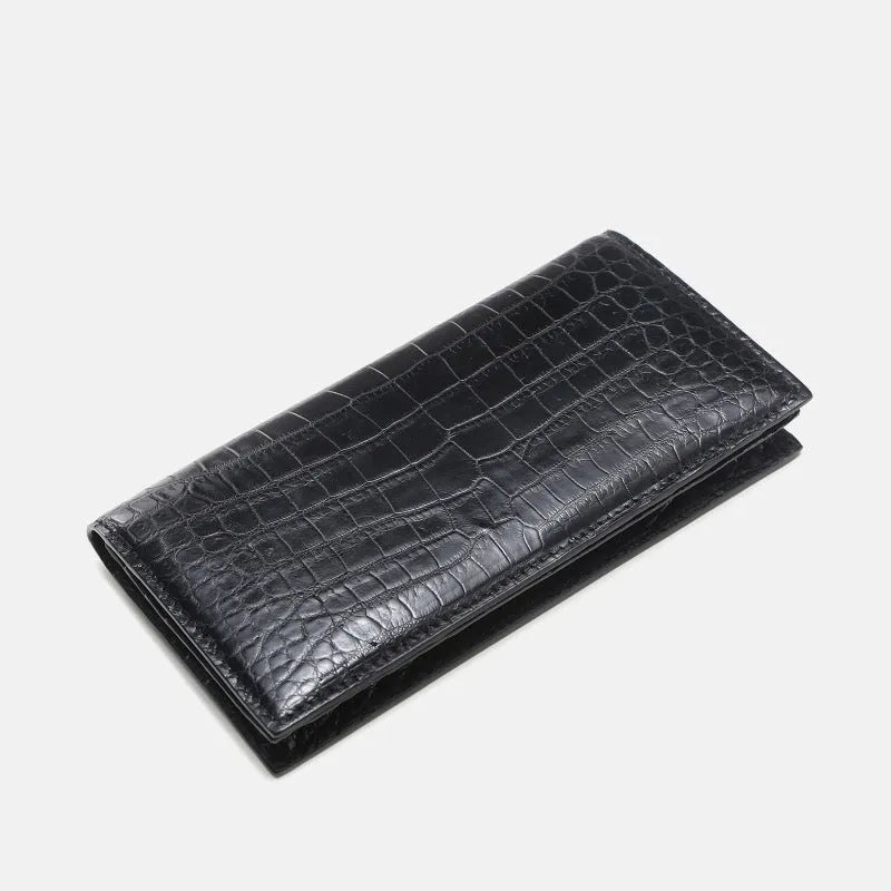 Men's long black crocodile leather bifold wallet with multiple card slots and change pocket