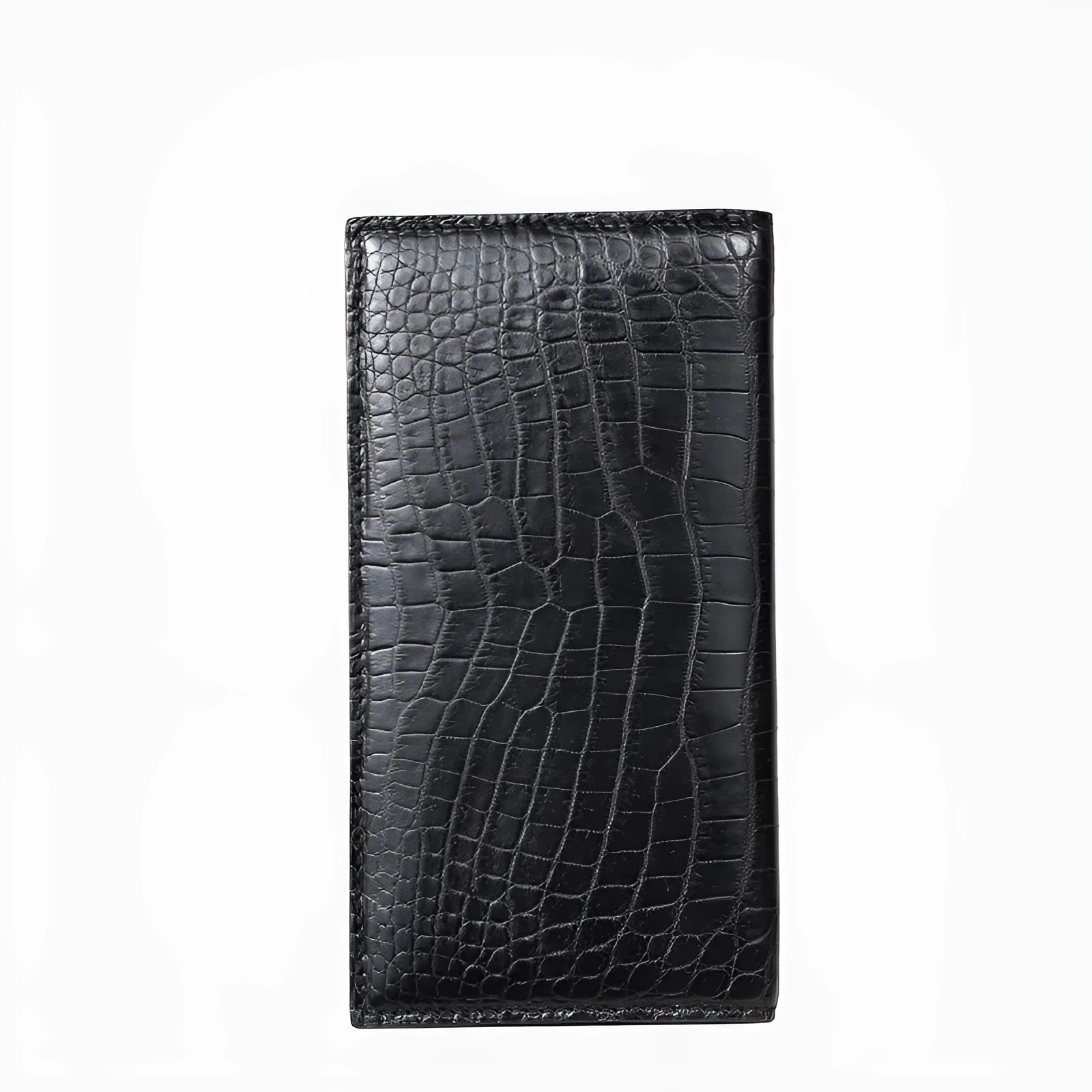 Men's long black crocodile leather bifold wallet with multiple card slots and change pocket