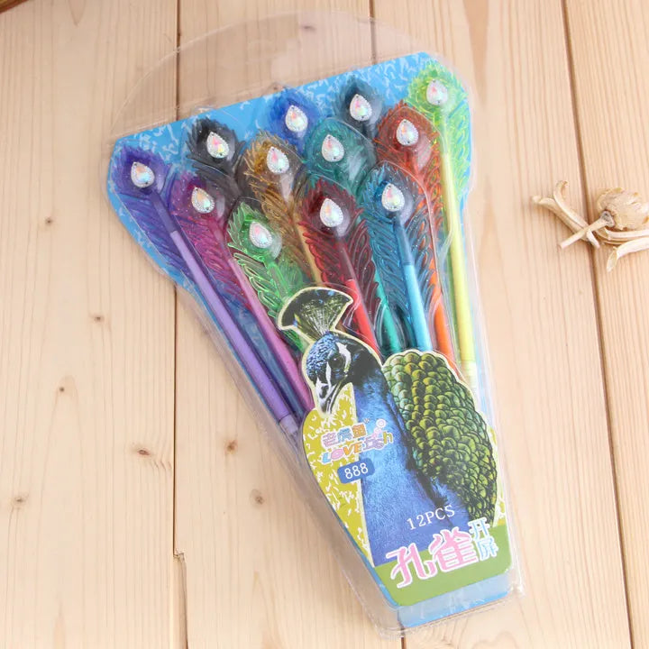 Cute feather peacock colour gel pen set with 12 colours and replaceable refills