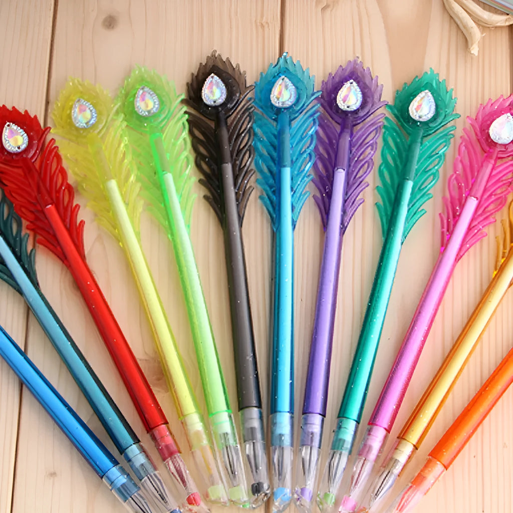 Cute feather peacock colour gel pen set with 12 colours and replaceable refills