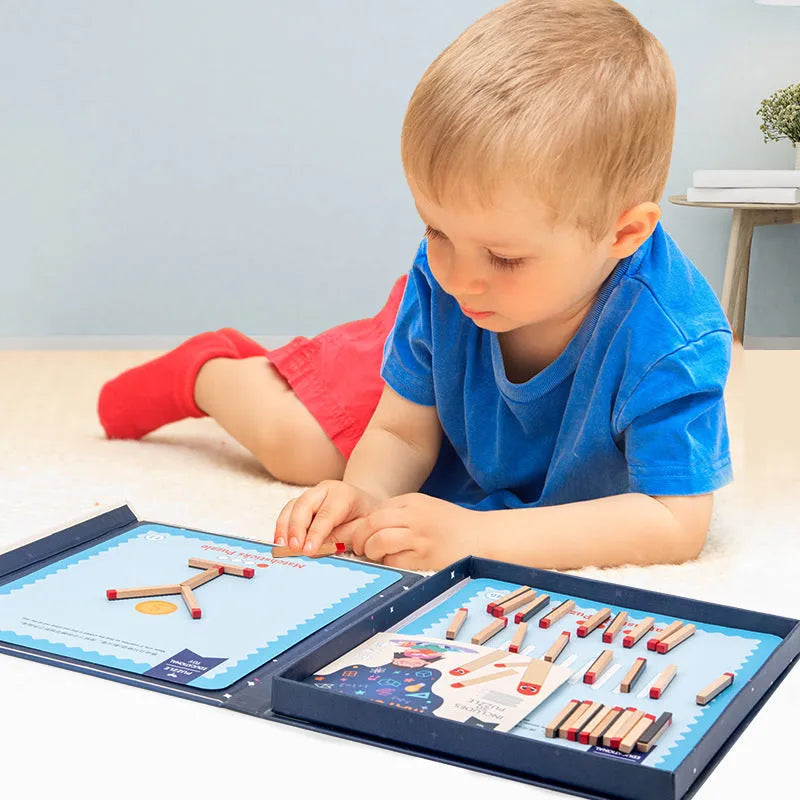 Montessori wooden educational toy with matches and question cards for children's puzzle solving.
