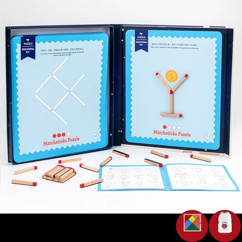 Montessori wooden educational toy with matches and question cards for children's puzzle solving.