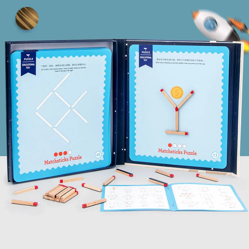 Montessori wooden educational toy with matches and question cards for children's puzzle solving.