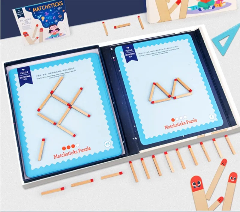 Montessori wooden educational toy with matches and question cards for children's puzzle solving.