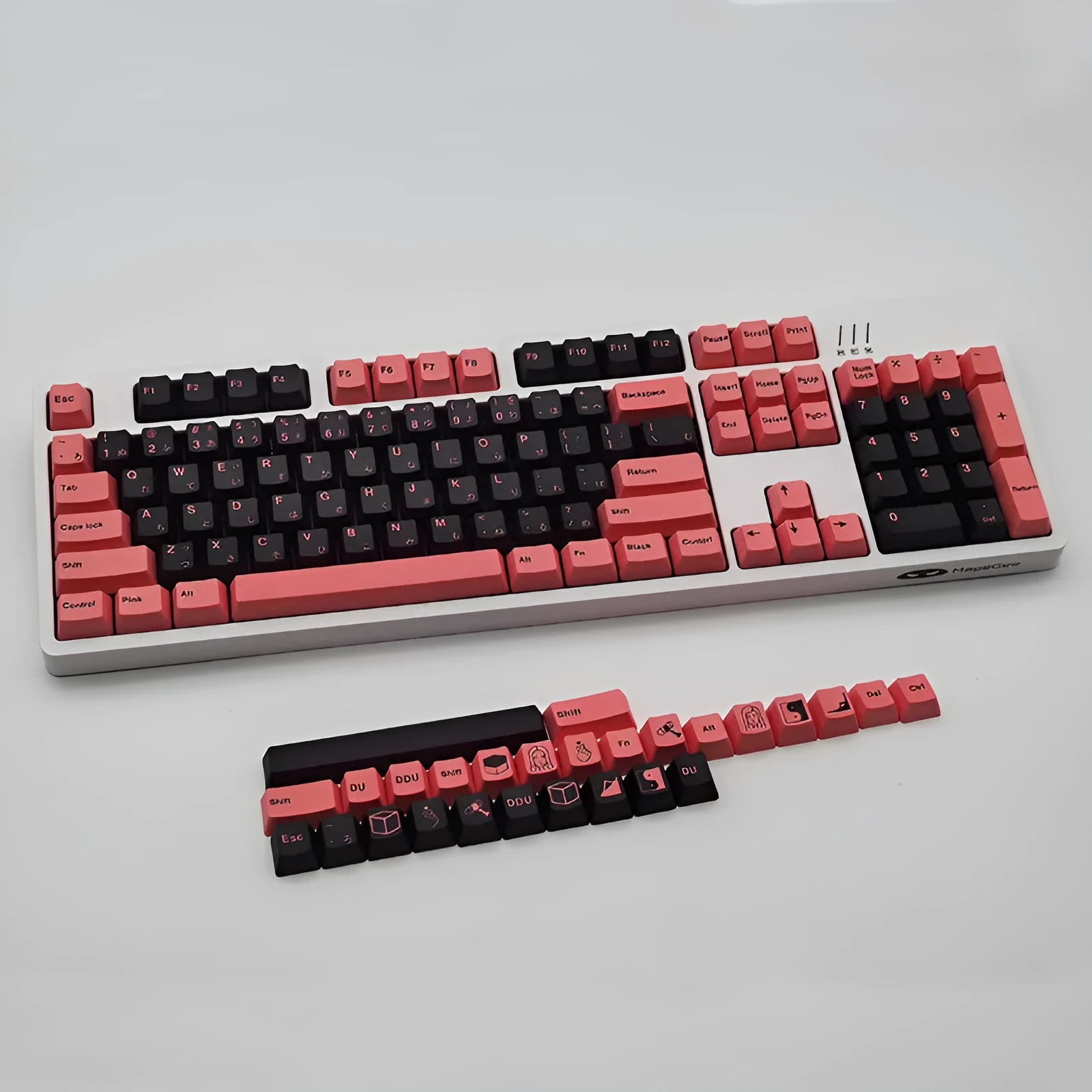 PBT sublimation keycap set in black pink colour with animation print for 104-key keyboard