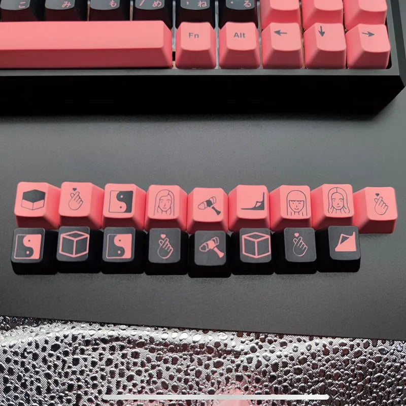 PBT sublimation keycap set in black pink colour with animation print for 104-key keyboard