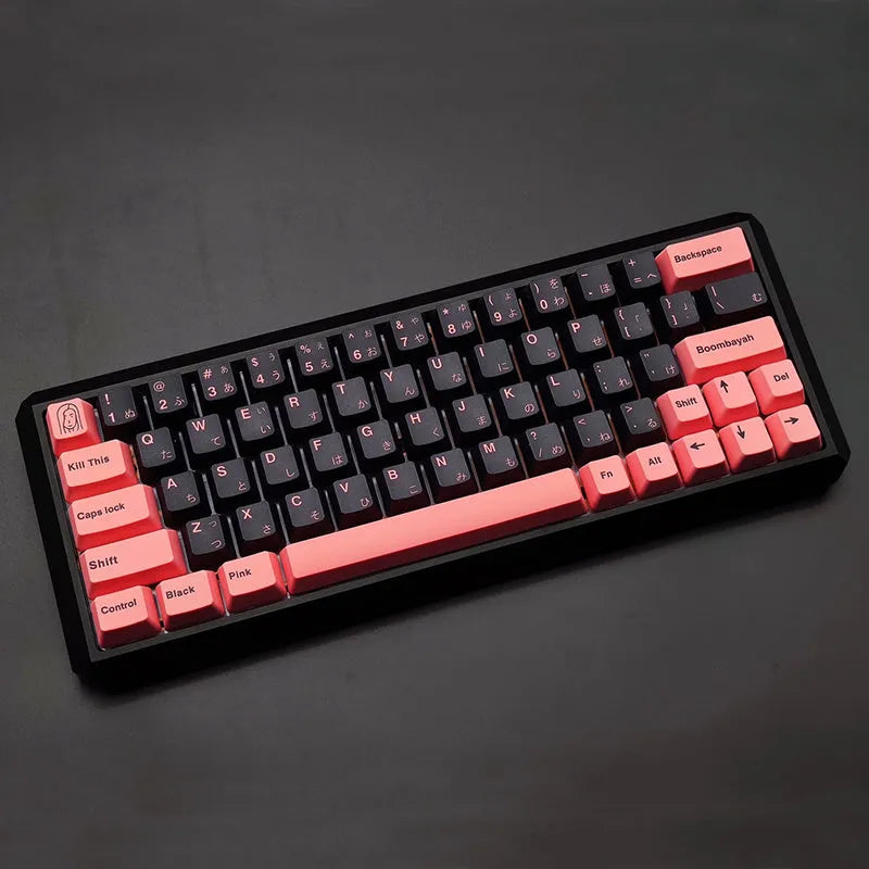 PBT sublimation keycap set in black pink colour with animation print for 104-key keyboard