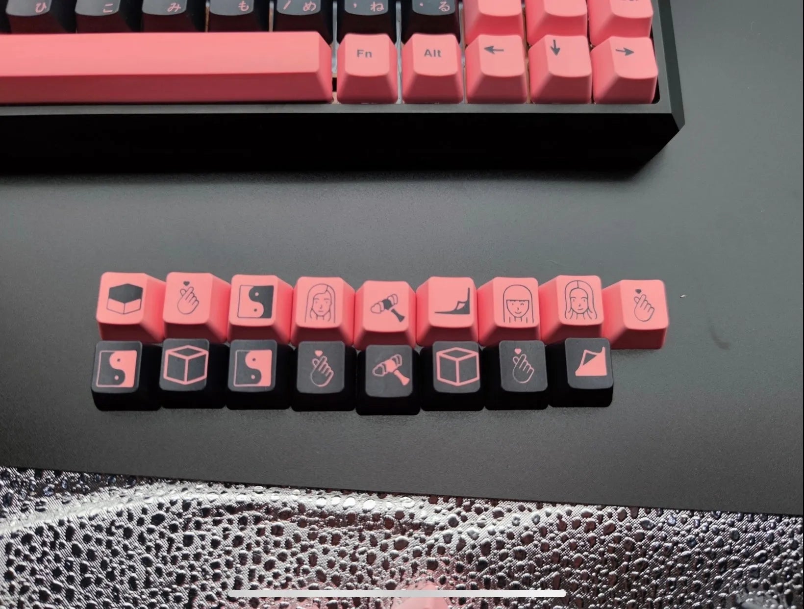 PBT sublimation keycap set in black pink colour with animation print for 104-key keyboard