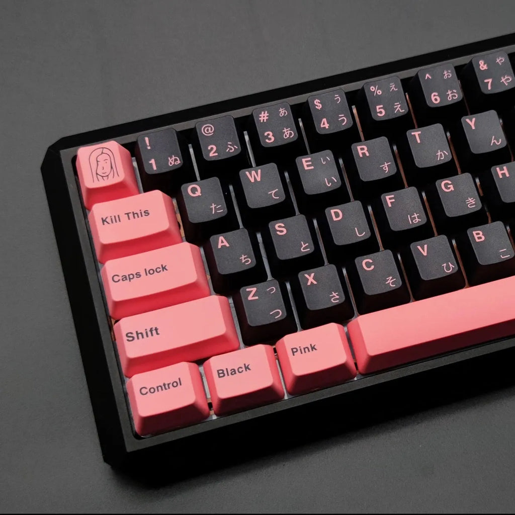 PBT sublimation keycap set in black pink colour with animation print for 104-key keyboard
