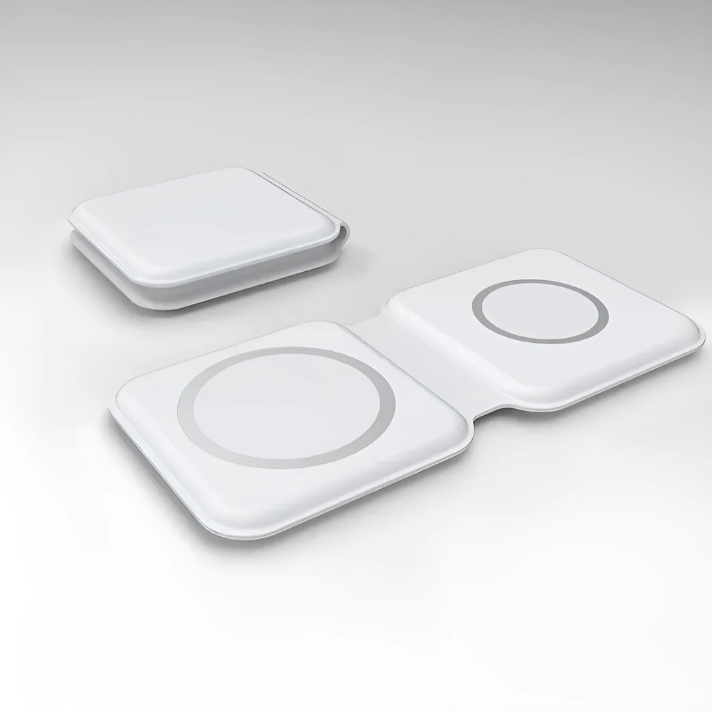 White foldable magnetic wireless charging dock showing dual charging areas and USB Type-C port.