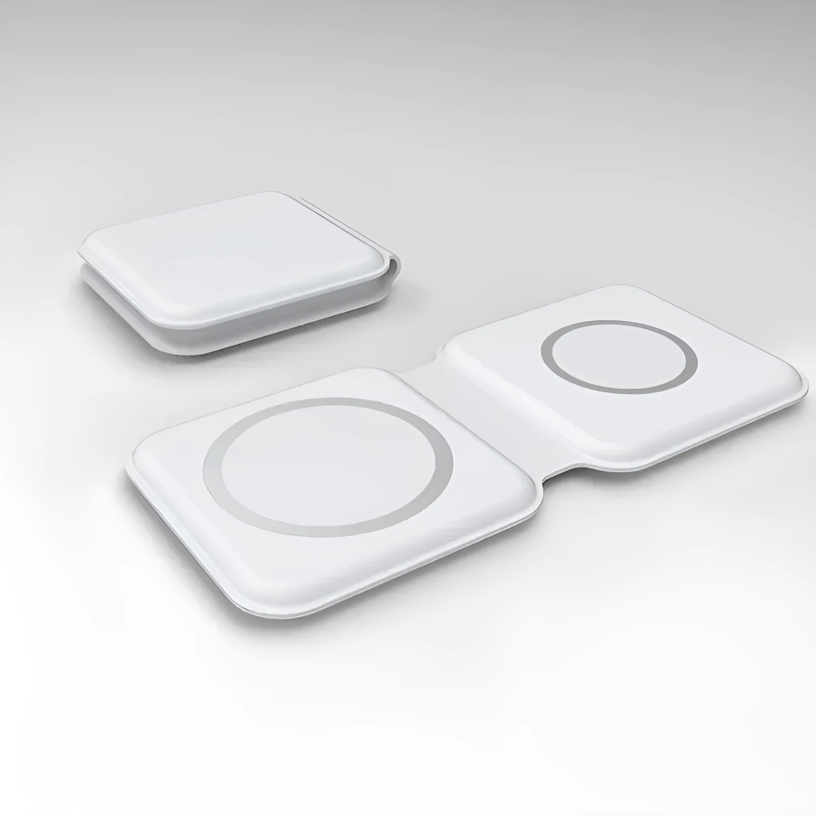 White foldable magnetic wireless charging dock showing dual charging areas and USB Type-C port.