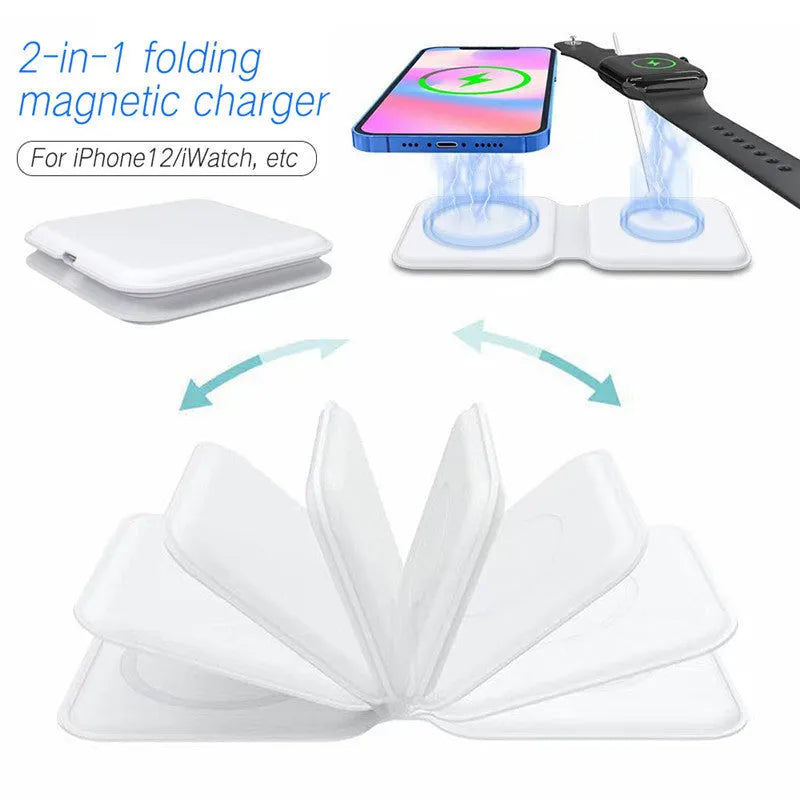 White foldable magnetic wireless charging dock showing dual charging areas and USB Type-C port.