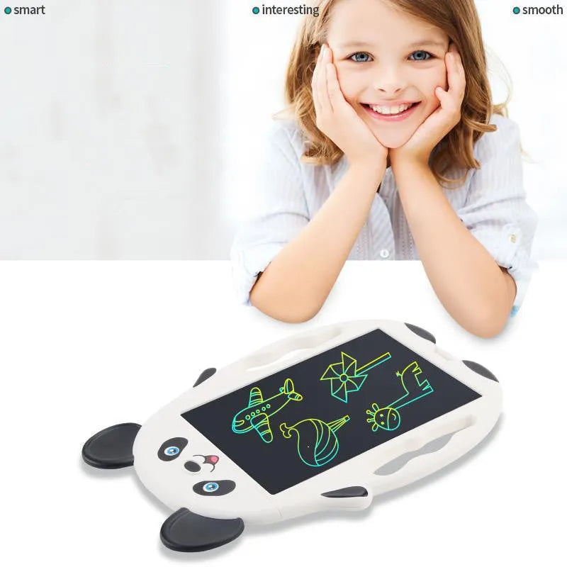 Panda-design LCD electronic drawing board with a clear button on a blue ABS plastic frame.