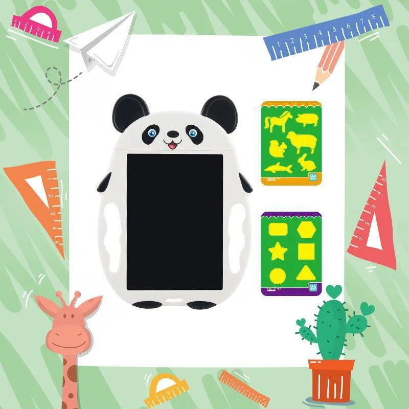 Panda-design LCD electronic drawing board with a clear button on a blue ABS plastic frame.