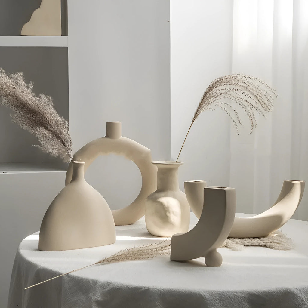 Unglazed matte ceramic vase for dry flower arrangements with textured finish