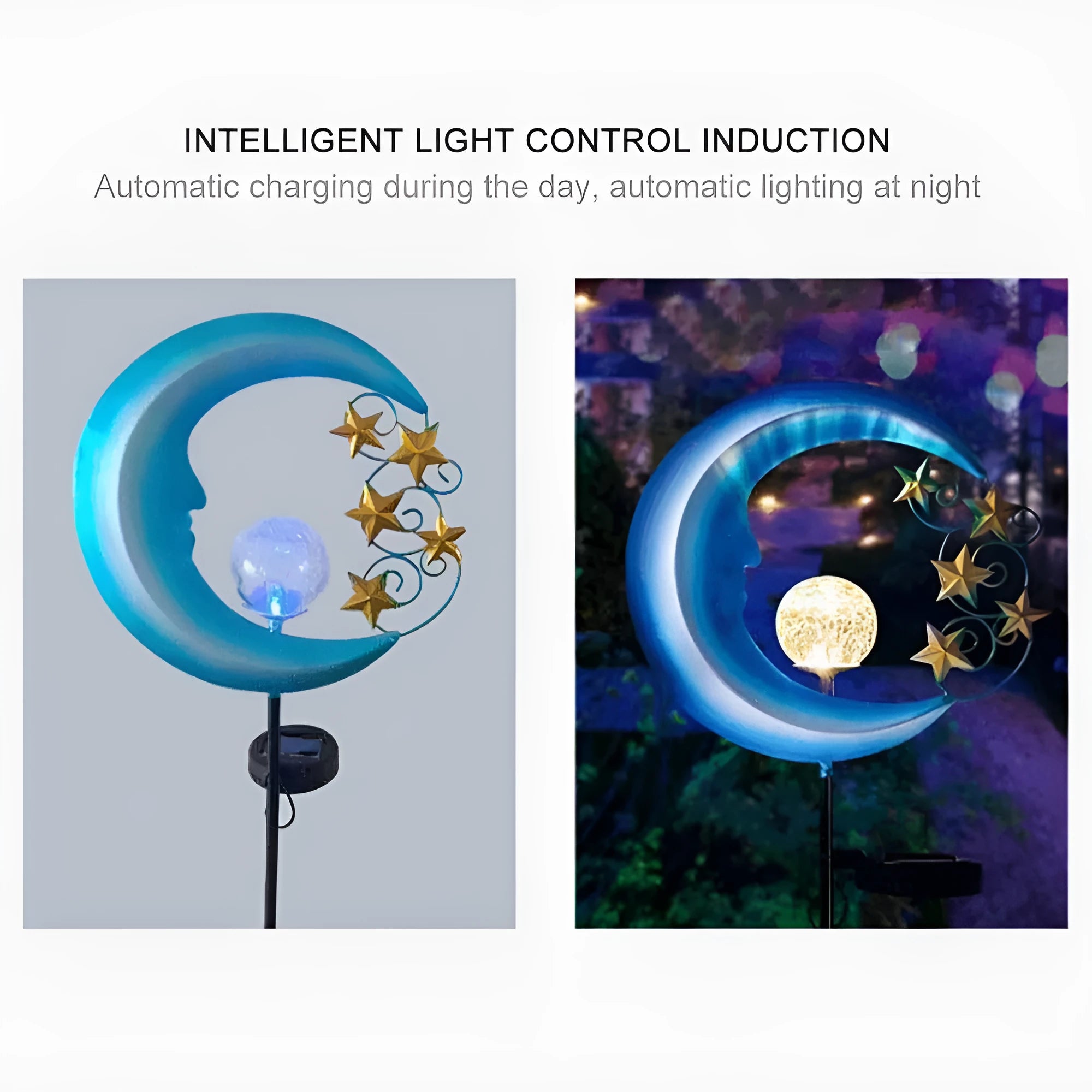 Blue moon and star design solar-powered wrought iron garden light with a glass ball.