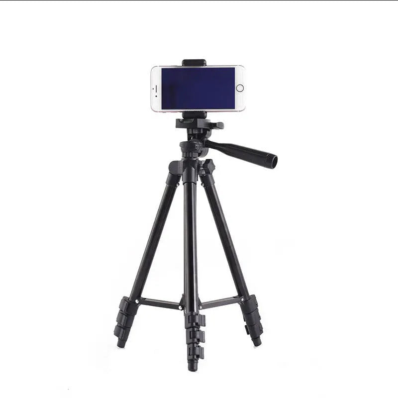 Black aluminium alloy portable tripod with 3D head extended to full height.