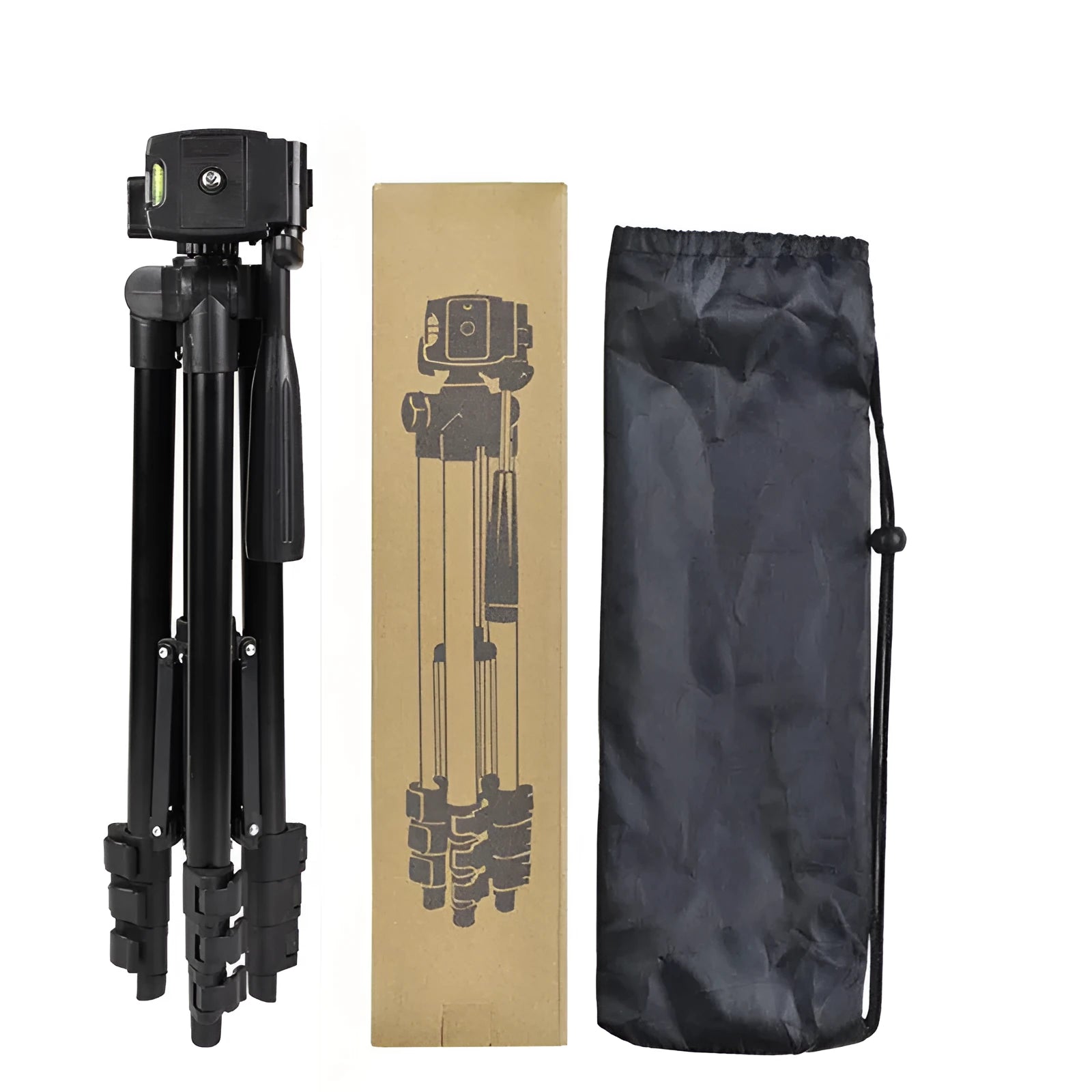 Black aluminium alloy portable tripod with 3D head extended to full height.