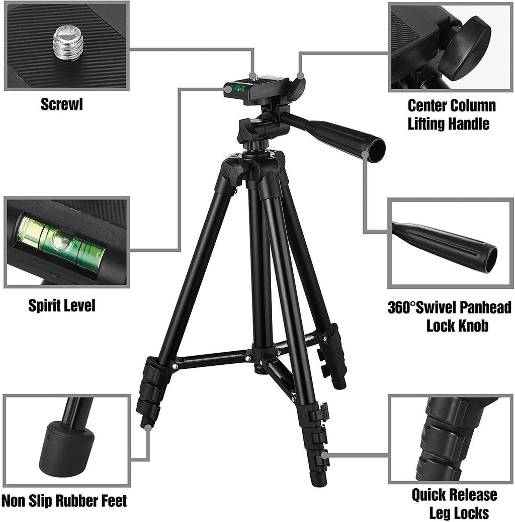Black aluminium alloy portable tripod with 3D head extended to full height.