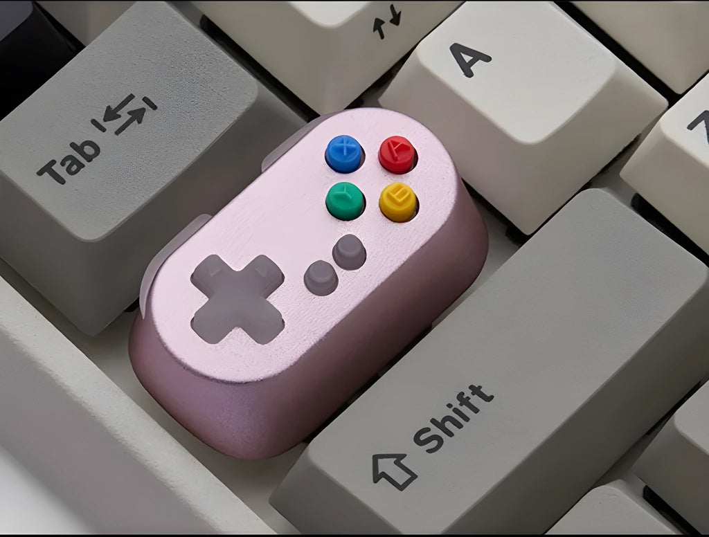 Game console handle keyboard with metal transparent keycaps and Holyoops switch button in white, pink, green, or orange colour options