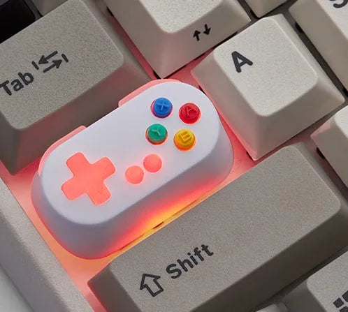 Game console handle keyboard with metal transparent keycaps and Holyoops switch button in white, pink, green, or orange colour options