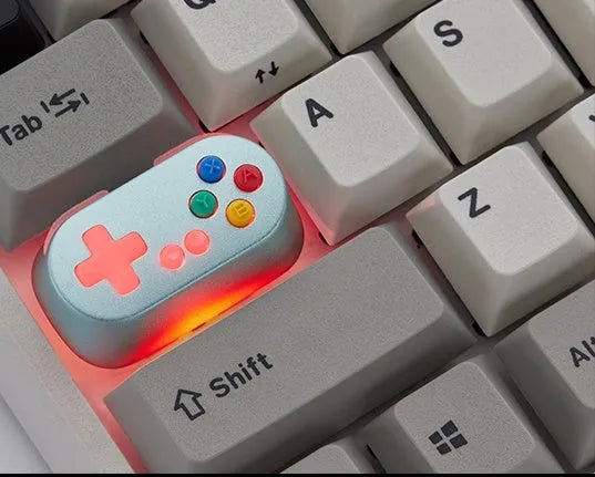Game console handle keyboard with metal transparent keycaps and Holyoops switch button in white, pink, green, or orange colour options