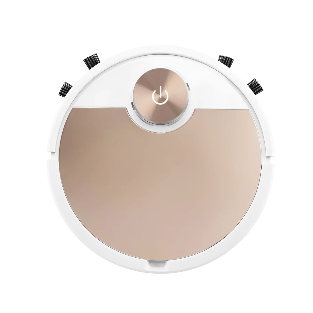 Golden and silver intelligent robot vacuum cleaner with remote control on wooden floor