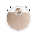Golden and silver intelligent robot vacuum cleaner with remote control on wooden floor