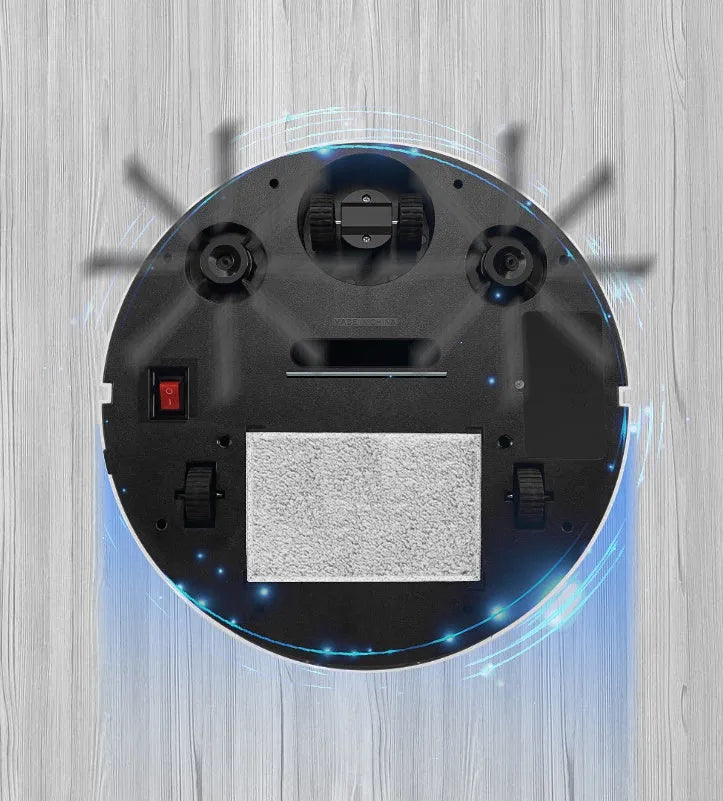 Golden and silver intelligent robot vacuum cleaner with remote control on wooden floor