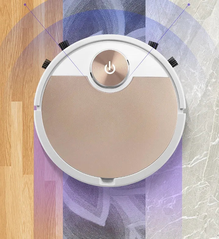 Golden and silver intelligent robot vacuum cleaner with remote control on wooden floor
