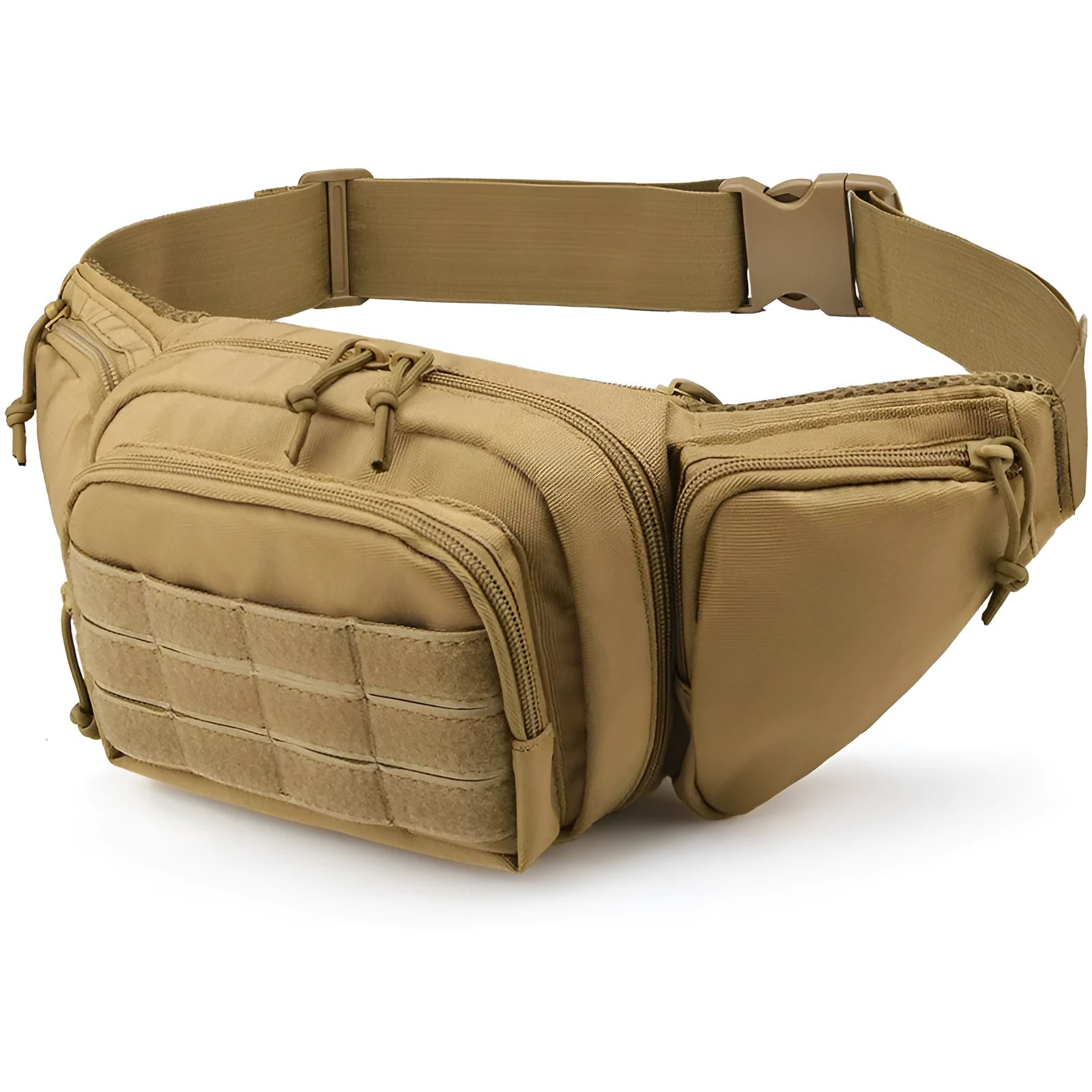 Black tactical multifunctional waist bag with adjustable straps, shown worn on the waist.