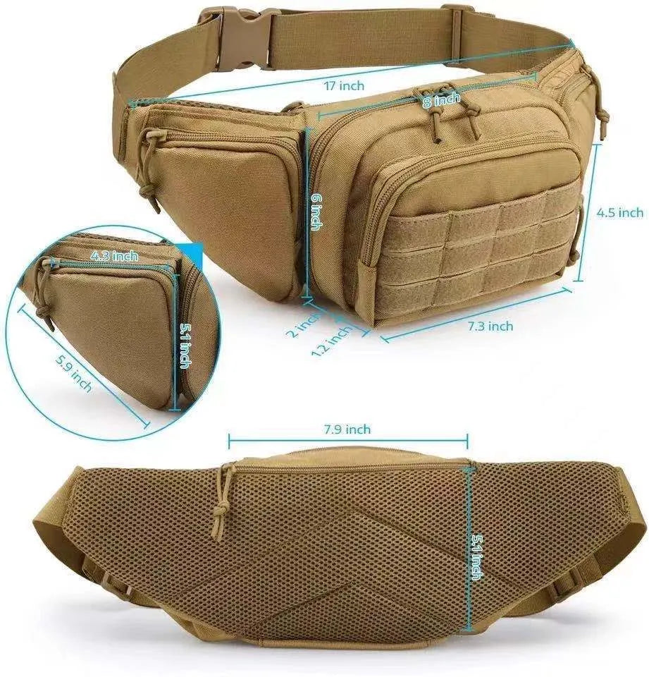Black tactical multifunctional waist bag with adjustable straps, shown worn on the waist.
