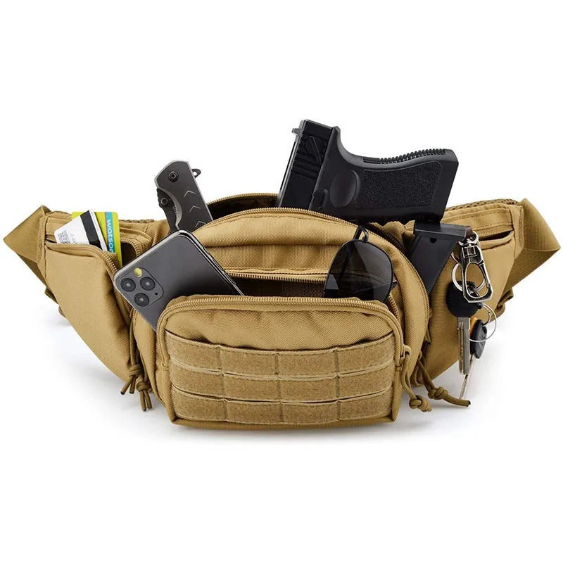Black tactical multifunctional waist bag with adjustable straps, shown worn on the waist.