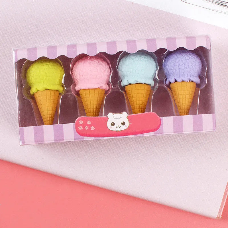 Assortment of 12 colourful cartoon erasers shaped like ice cream, lollipops, doughnuts, and cones for children.