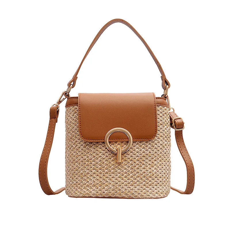 Hand-knitted straw square vertical bucket shoulder bag for women with zipper closure and soft handle