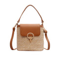 Hand-knitted straw square vertical bucket shoulder bag for women with zipper closure and soft handle