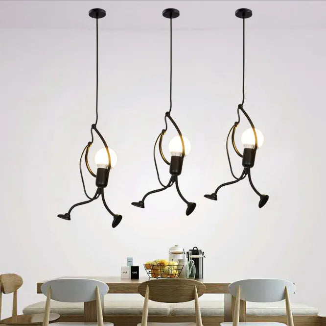 Indoor black iron chandelier with adjustable height 140cm, three long strip heads, for ceiling mounting in living room