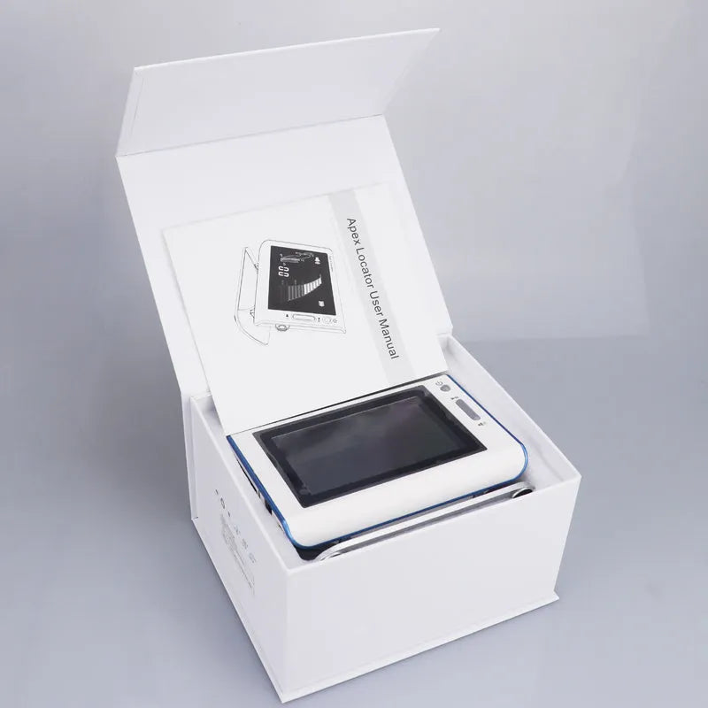 White dental root canal length measuring instrument with 4.5 inch colour screen and rechargeable battery on a clinic tray