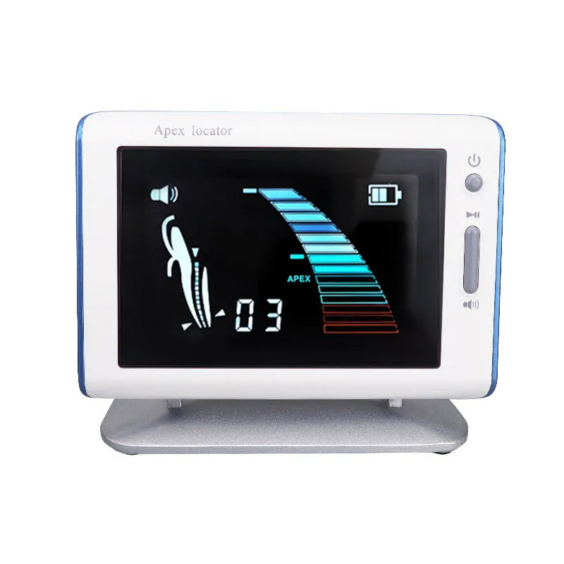 White dental root canal length measuring instrument with 4.5 inch colour screen and rechargeable battery on a clinic tray