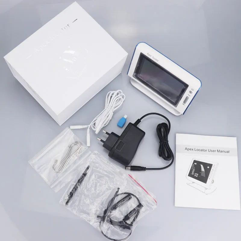 White dental root canal length measuring instrument with 4.5 inch colour screen and rechargeable battery on a clinic tray