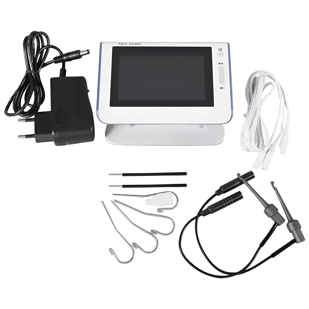 White dental root canal length measuring instrument with 4.5 inch colour screen and rechargeable battery on a clinic tray