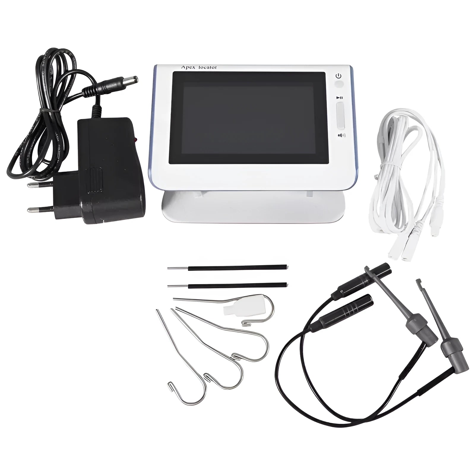 White dental root canal length measuring instrument with 4.5 inch colour screen and rechargeable battery on a clinic tray