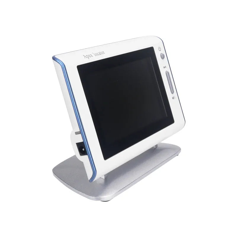 White dental root canal length measuring instrument with 4.5 inch colour screen and rechargeable battery on a clinic tray